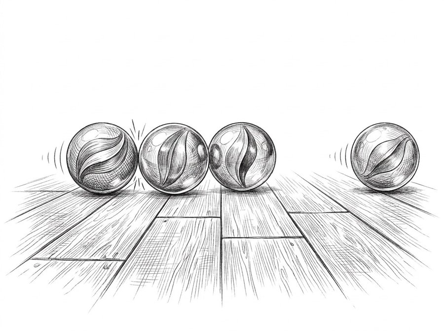 A rolling ball passing its push to the next ball